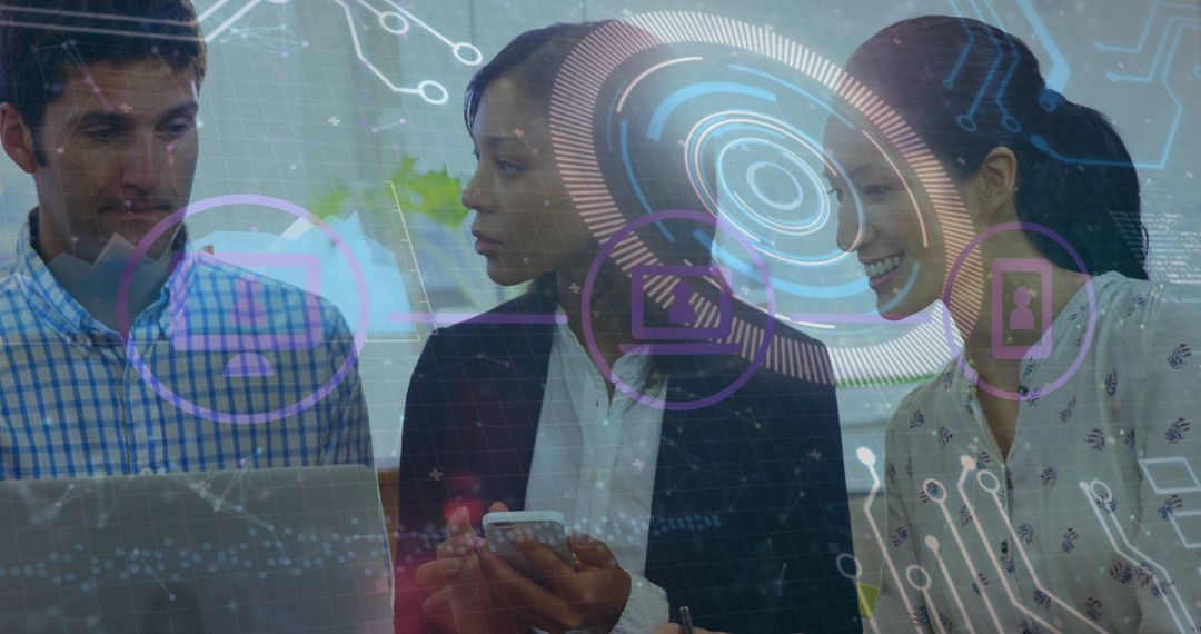 Diverse Team Collaborating with Futuristic Data Technology