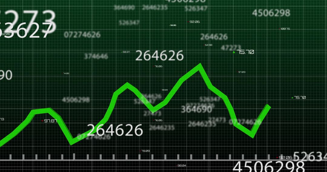 Green Line Chart on Digital Grid with Financial Data Points
