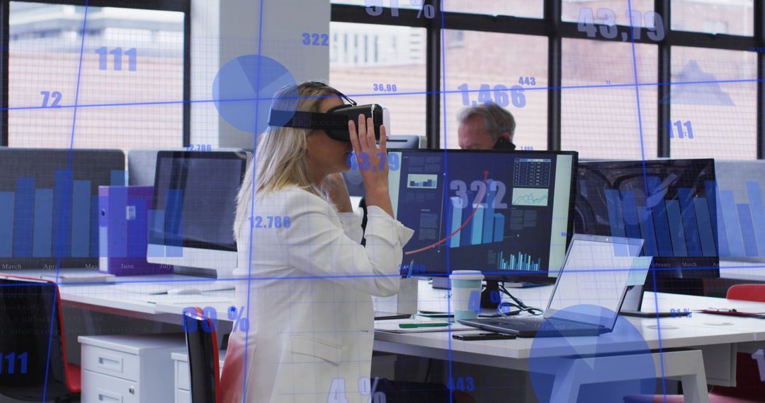Businesswoman Using VR Headset Analyzing Data in Modern Office