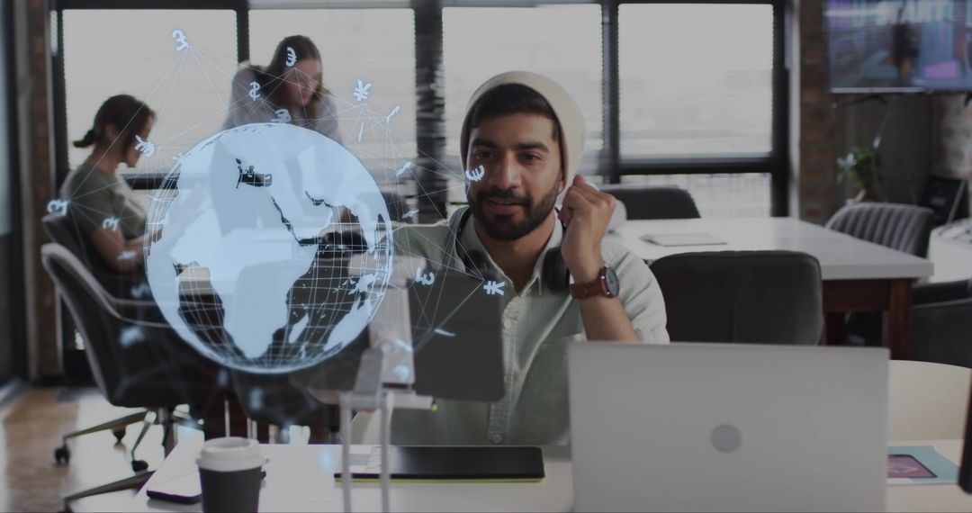 Diverse Team Collaborating with Digital World Map and Data