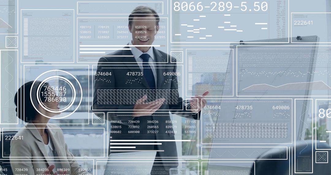 Business Team Analyzing Financial Data Overlay in Modern Office