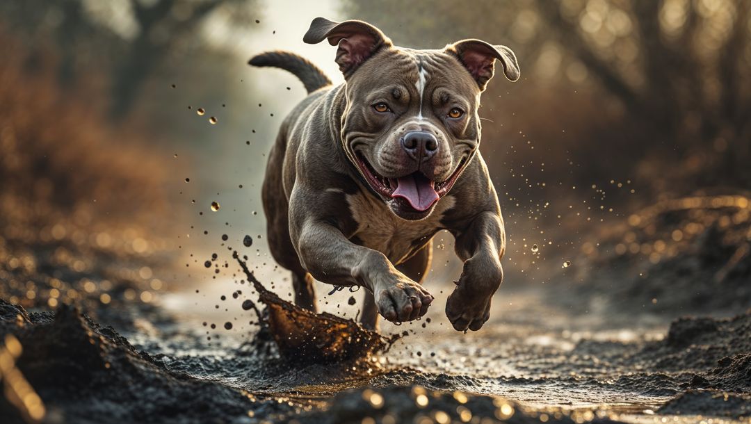 Energetic Pit Bull Bounding Through Muddy Puddle in Forest