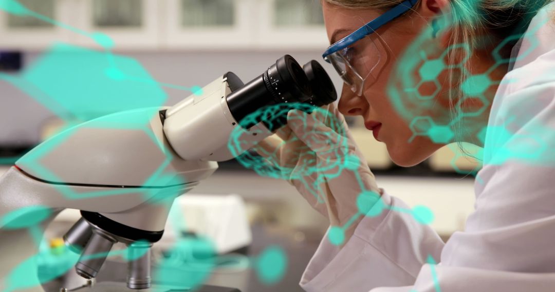 Female Scientist Analyzing Microscopic Data with Digital Interface