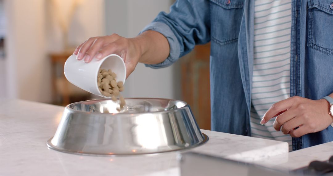 Person Pouring Dog Food into Stainless Steel Bowl on Kitchen Countertop - Free Images, Stock Photos and Pictures on Pikwizard.com