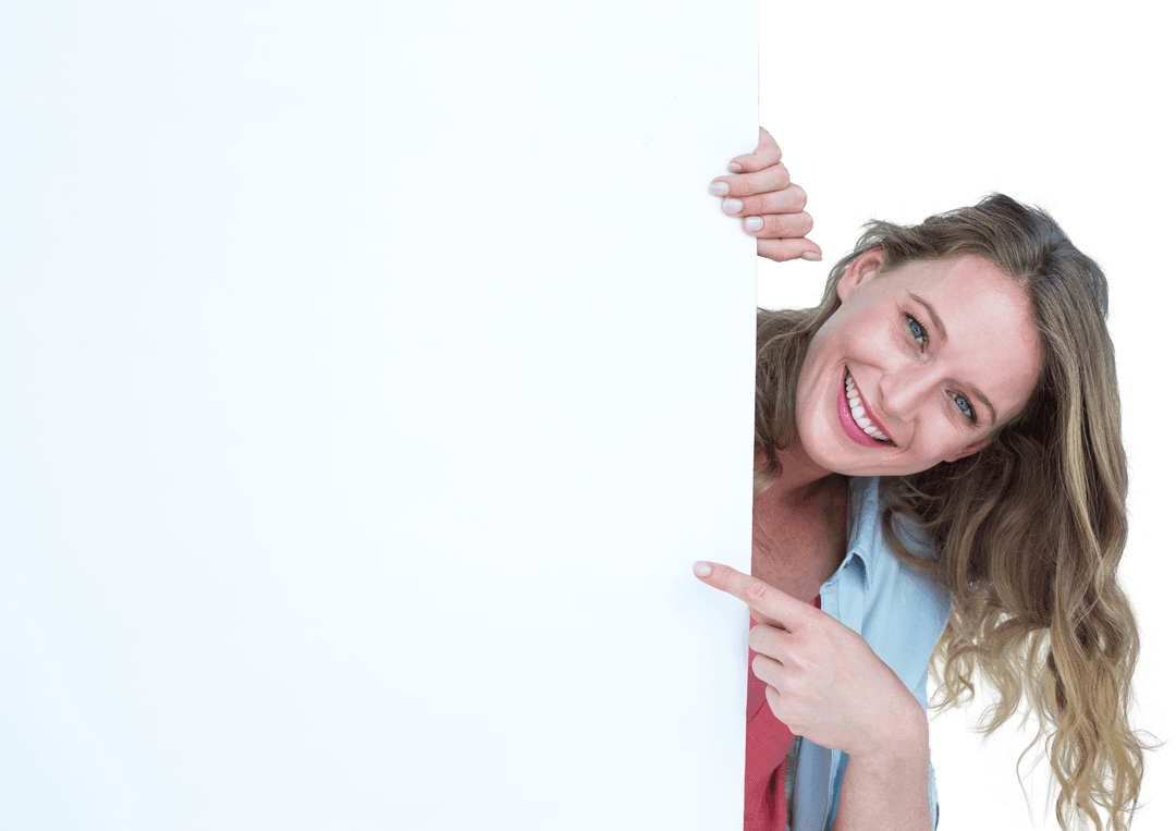 Smiling Woman Holding Blank Poster With Transparent Background