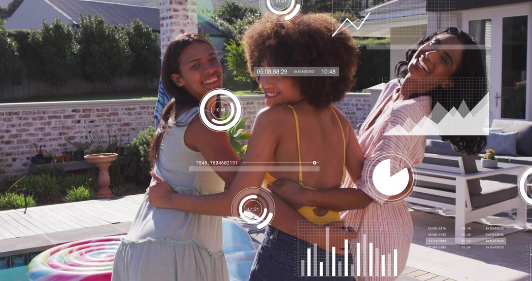 Smiling friends posing at backyard pool with colorful float and digital data overlays