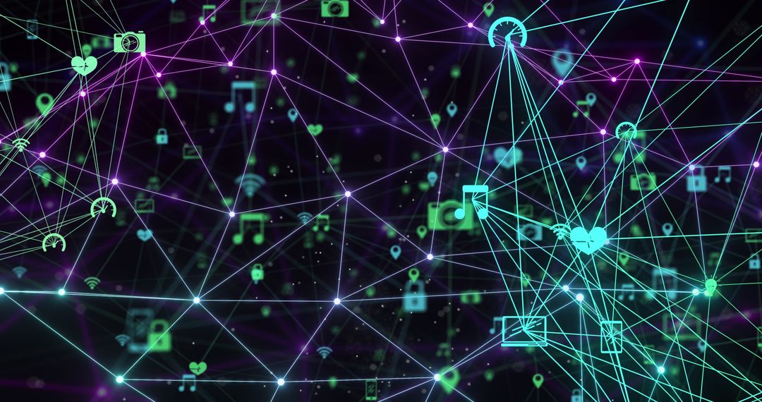 Abstract digital network with interconnected icons and data nodes