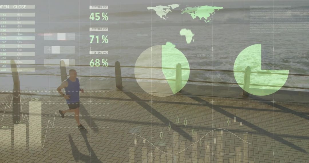 Senior Jogging on Seafront with Digital Data Projections