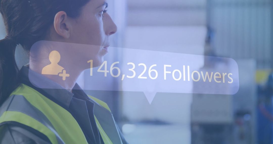 Female Engineer with Virtual Follower Count in Industrial Setting