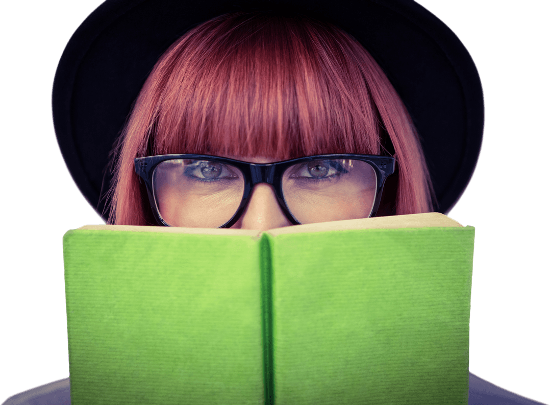 Transparent Hipster Woman Reading Green Book Peek Behind