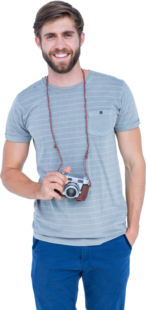 Portrait of Happy Young Man Holding Digital Camera on Transparent Background - Download Free Stock Images Pikwizard.com