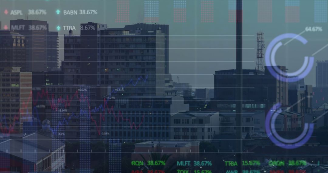 Financial Data Overlay on Cityscape at Dusk