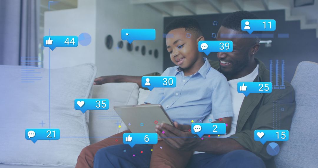Smiling Father and Son Bonding with Tablet Surrounded by Social Media Icons