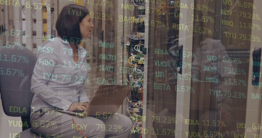 Engineer Analyzing Data in Server Room with Virtual Stock Market Overlay