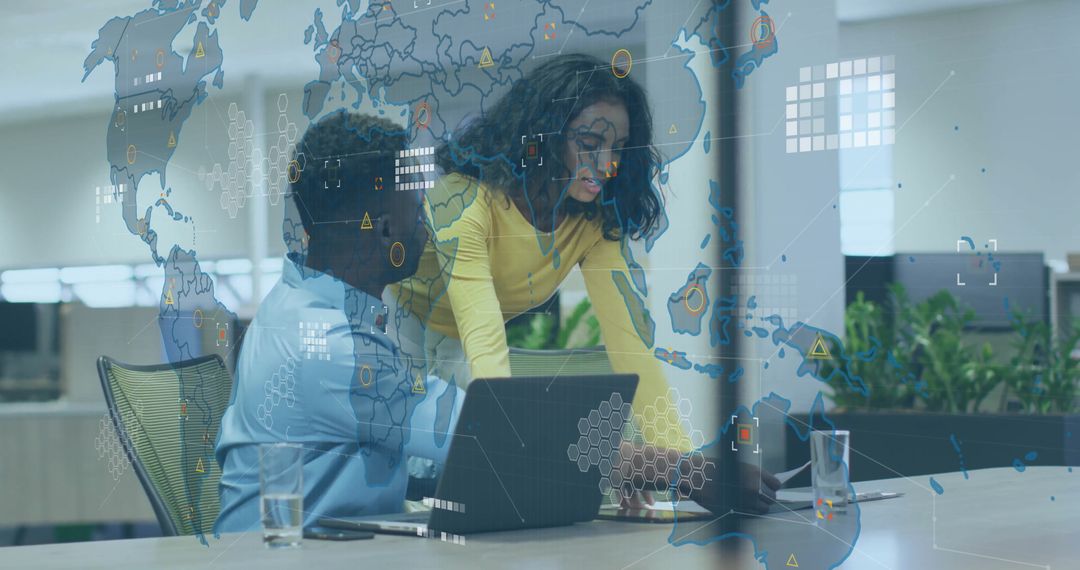 Tech Team Collaborating with Global Data Overlays in Modern Office