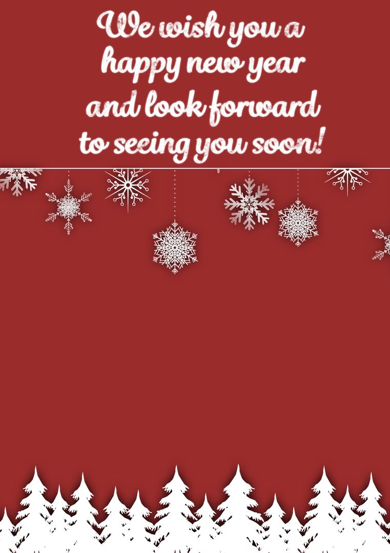 Happy New Year Greeting with Snowflakes and Pine Trees