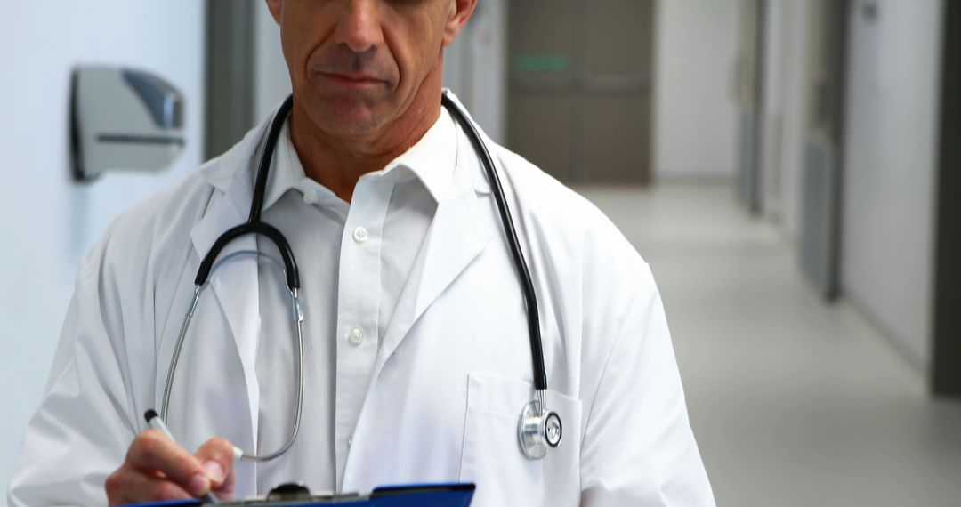 Doctor Reviewing Medical Records in Hospital Corridor - Free Images, Stock Photos and Pictures on Pikwizard.com