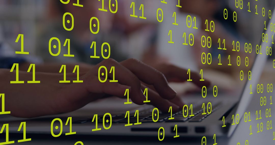 Hands typing with binary code overlay on laptop