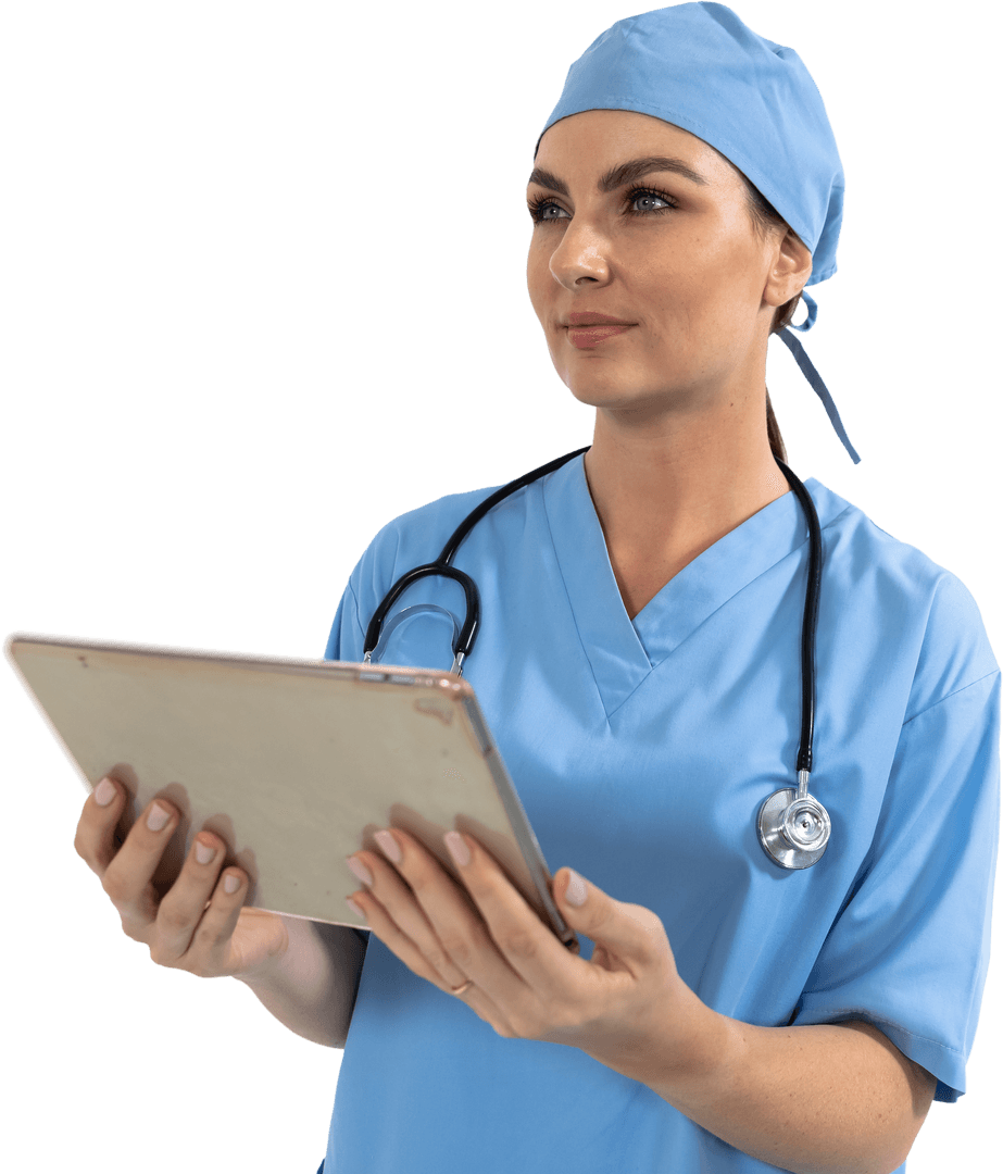 Confident Female Nurse Using Tablet with Transparent Background