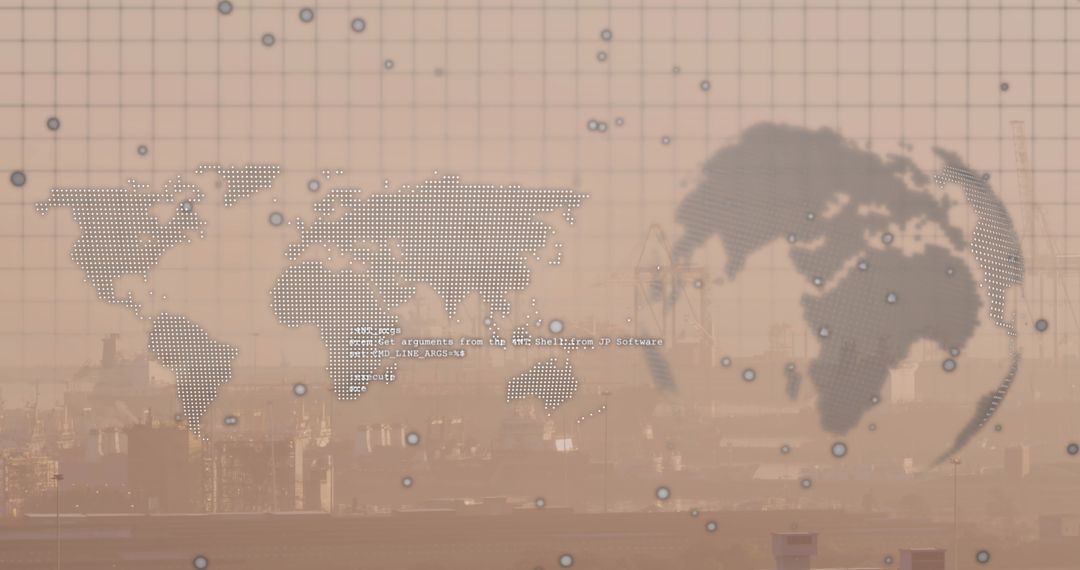 Abstract World Map Overlaying Industrial Cityscape Depicting Global Connectivity
