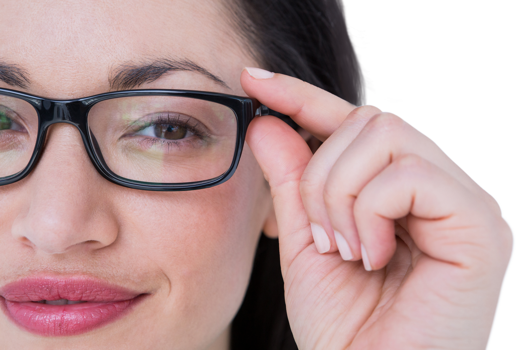 Brunette Woman Adjusting Black Eye Glasses on Transparent Background - Download Free Stock Images Pikwizard.com