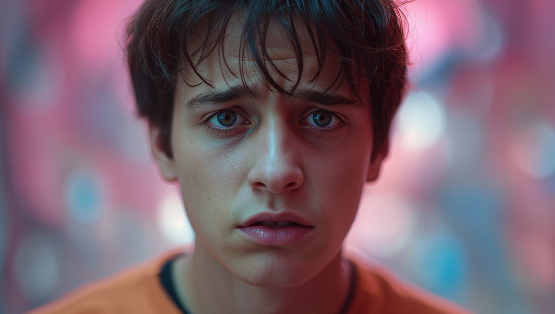 Introspective Teen Staring Against Colorful Bokeh Background