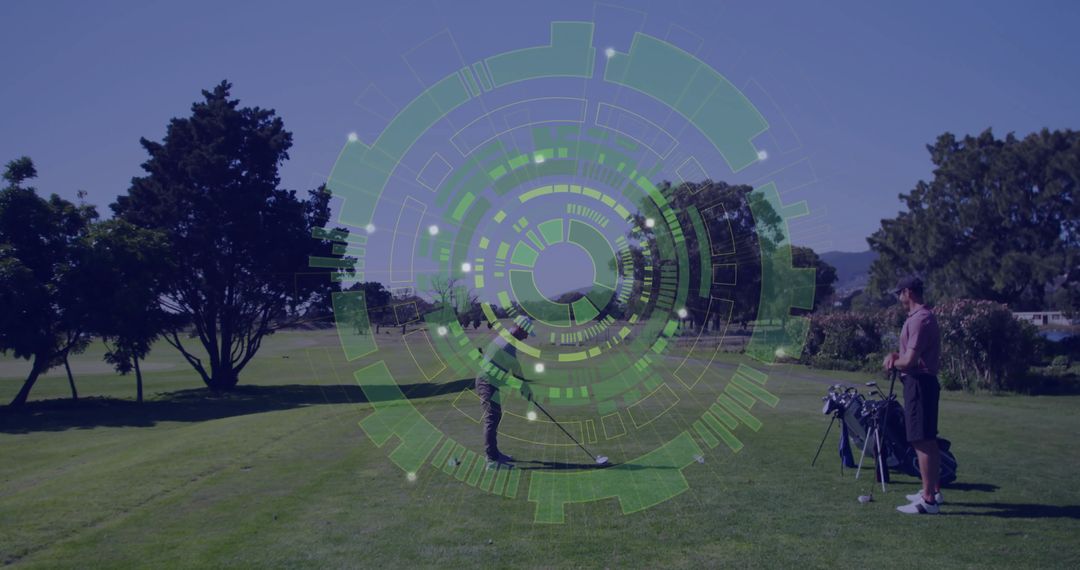 Golfer Swinging on Tee Box with Futuristic Overlay