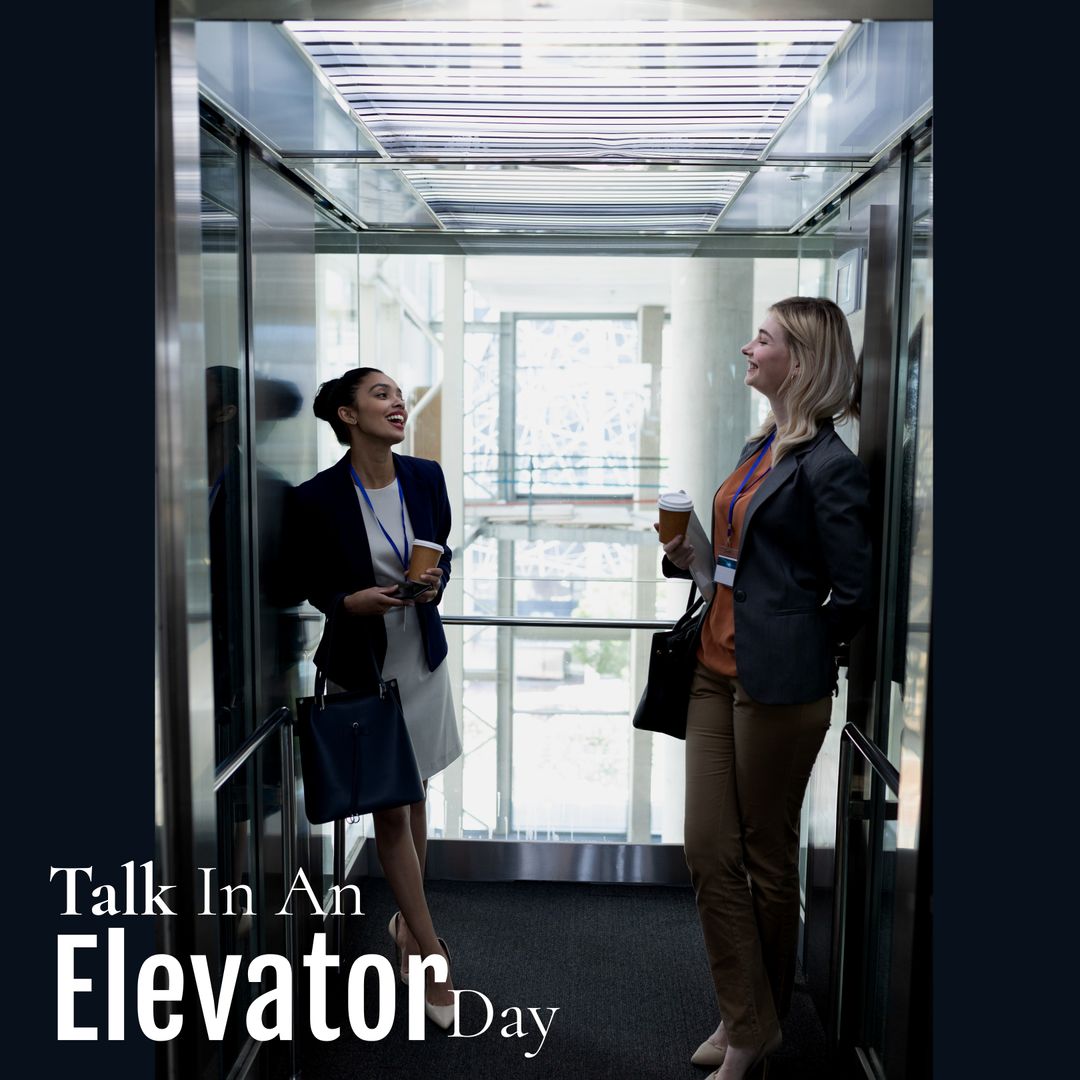 Smiling Businesswomen Talking in Elevator Celebrating Communication