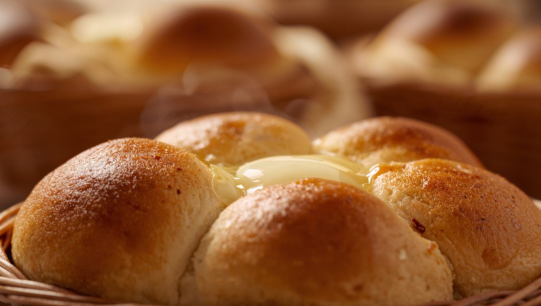 Golden Dinner Rolls Melting Butter in Woven Basket Steaming Warm Rustic Breakfast Table