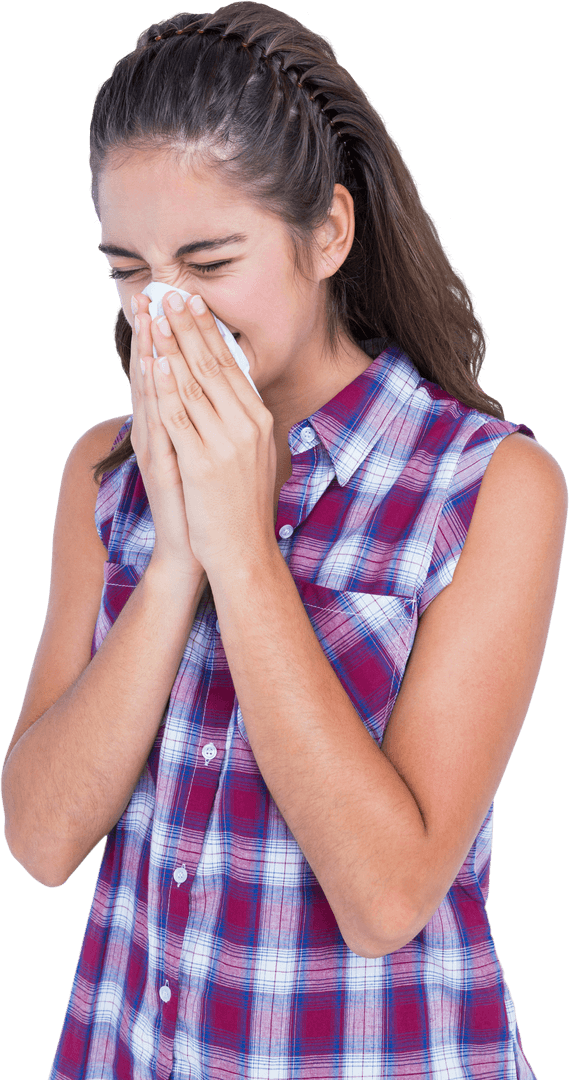 Transparent Woman Sneezing Into Tissue With Cold Virus Isolated