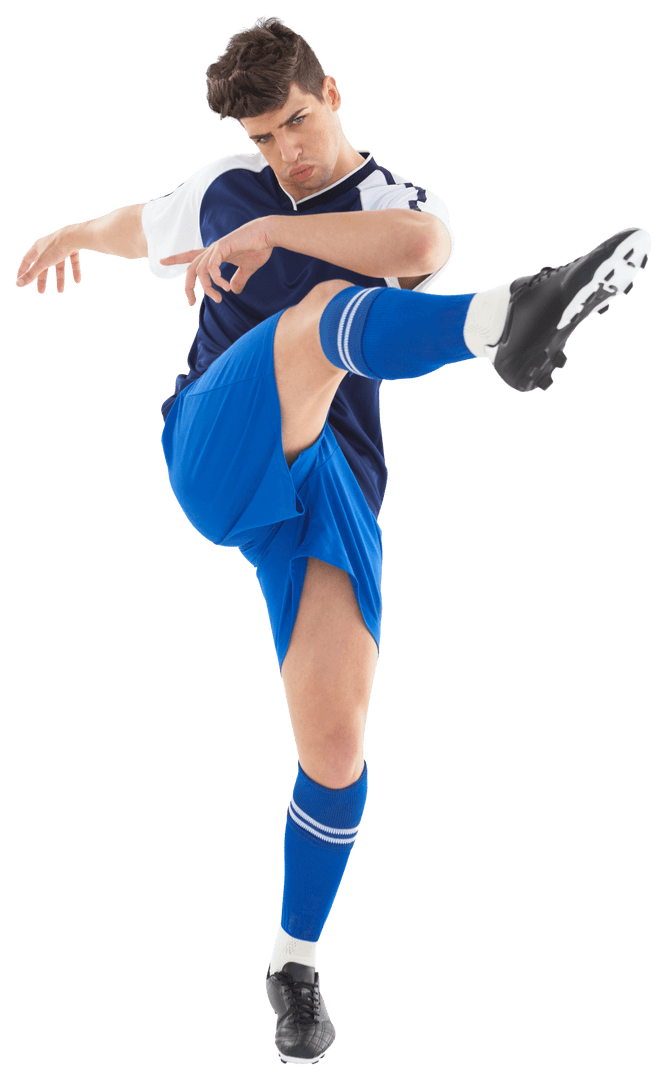 Focused Caucasian Soccer Player Kicking on Transparent Background