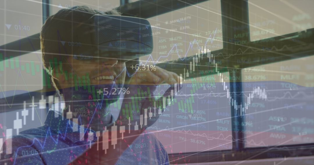 VR Headset User Manipulating Data with Graph Overlay