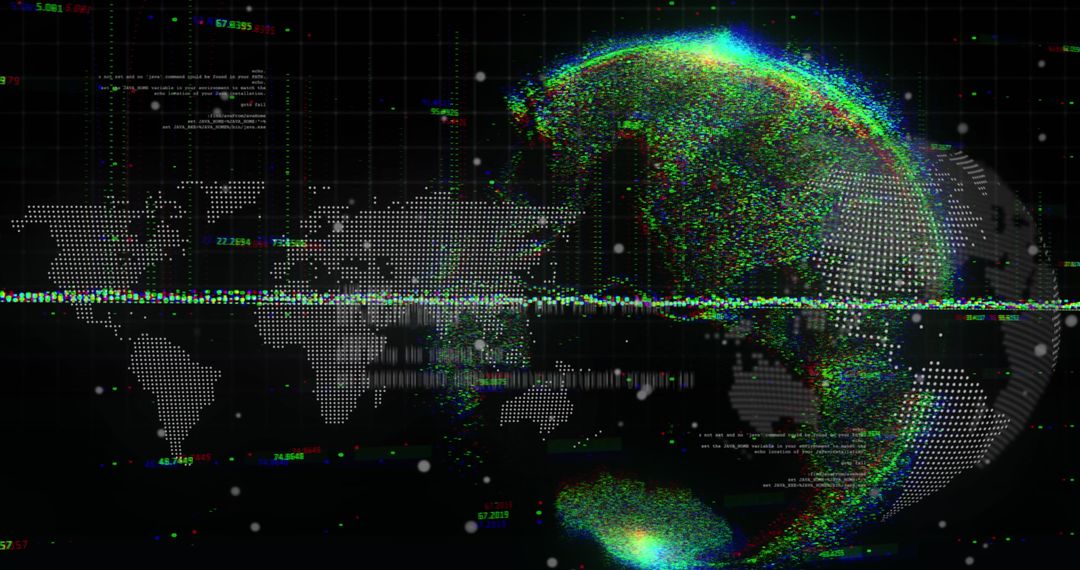 Digital globe with data processing and global map interface