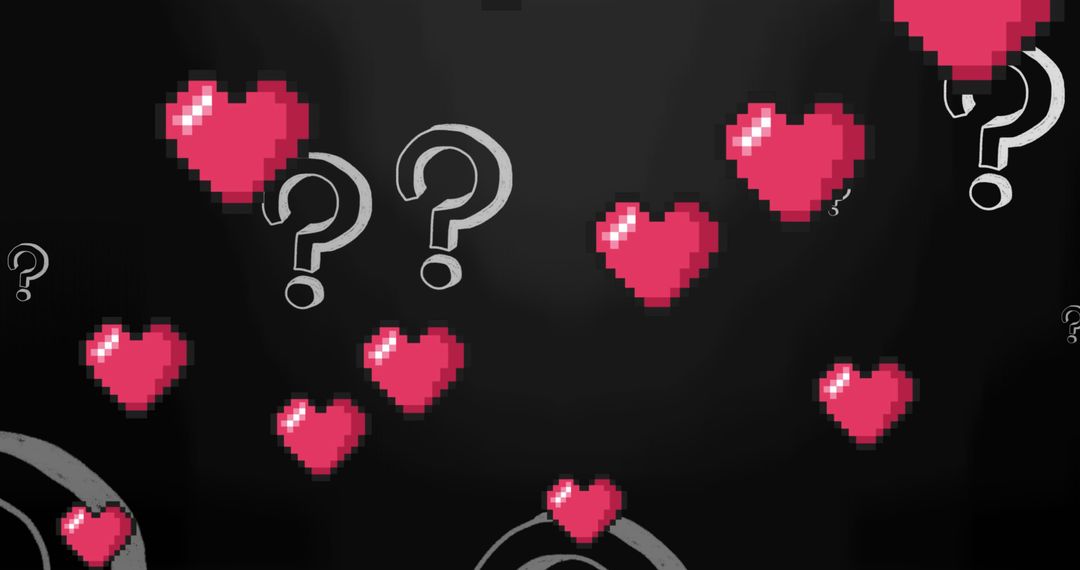 Pixelated Hearts and Question Marks on Black Background