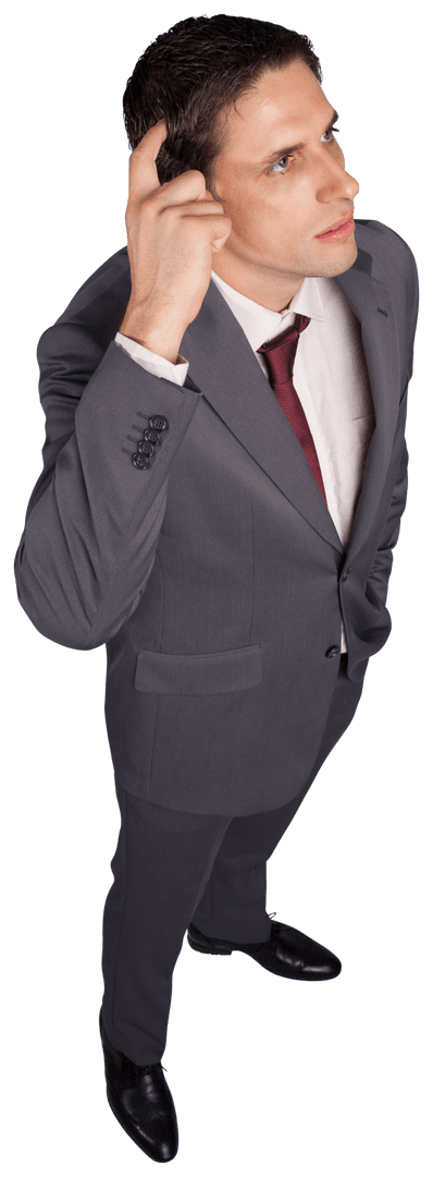 Businessman Scratching Head in Gray Suit on Transparent Background