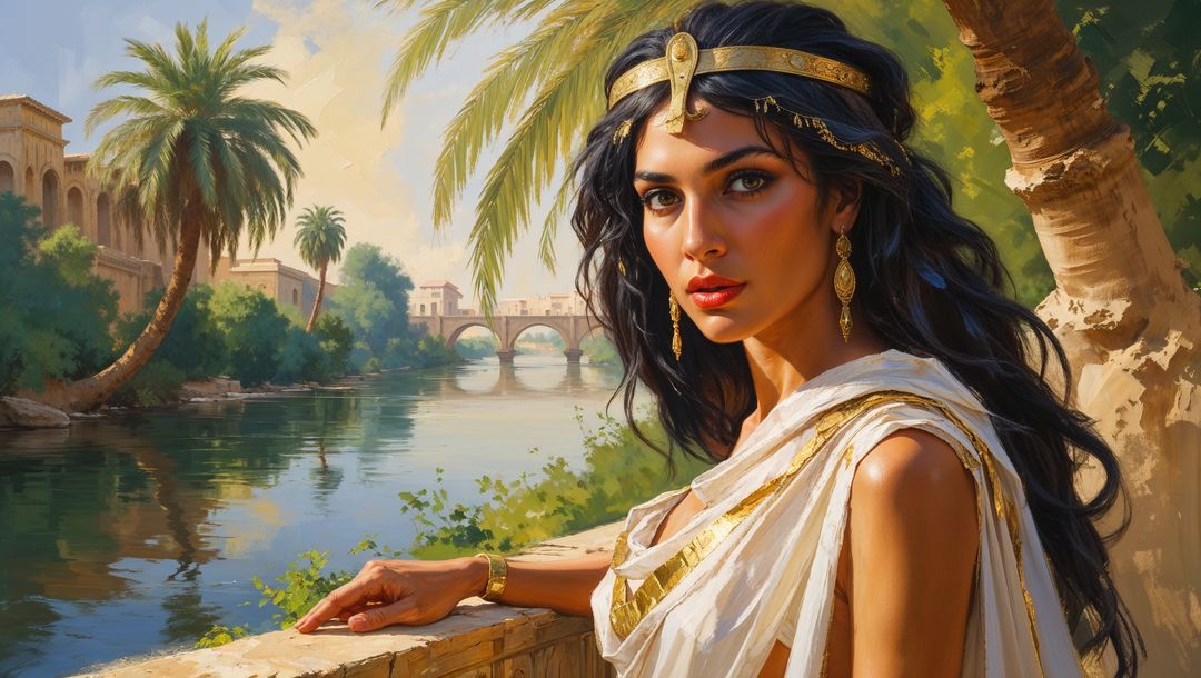 Cleopatra in ancient apparel with scenic riverside backdrop