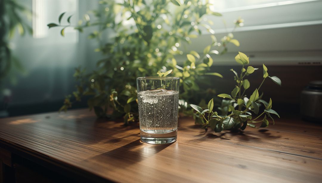 Sparkling Water on Wooden Table with Greenery in Minimalist Interior