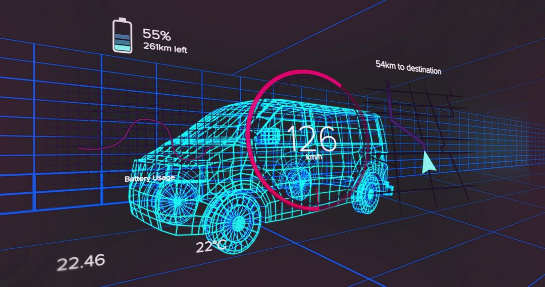 Futuristic SUV Wireframe with Digital Dashboard and Battery Readouts