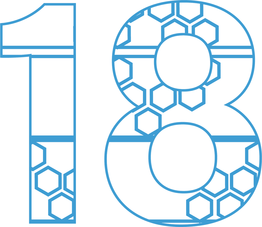 Blue geometric 18 number with transparent hexagonal pattern