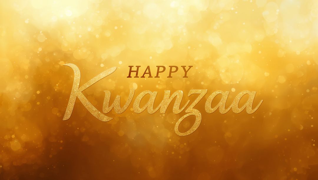 Golden Happy Kwanzaa Greeting with Shimmering Script, Glitter Bokeh Holiday Background
