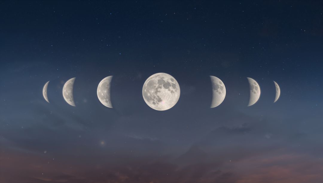 Moon phases arc across starry twilight sky showing full moon and crescent transitions