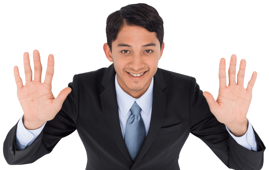 Smiling Asian Businessman with Hands Up Transparent Background