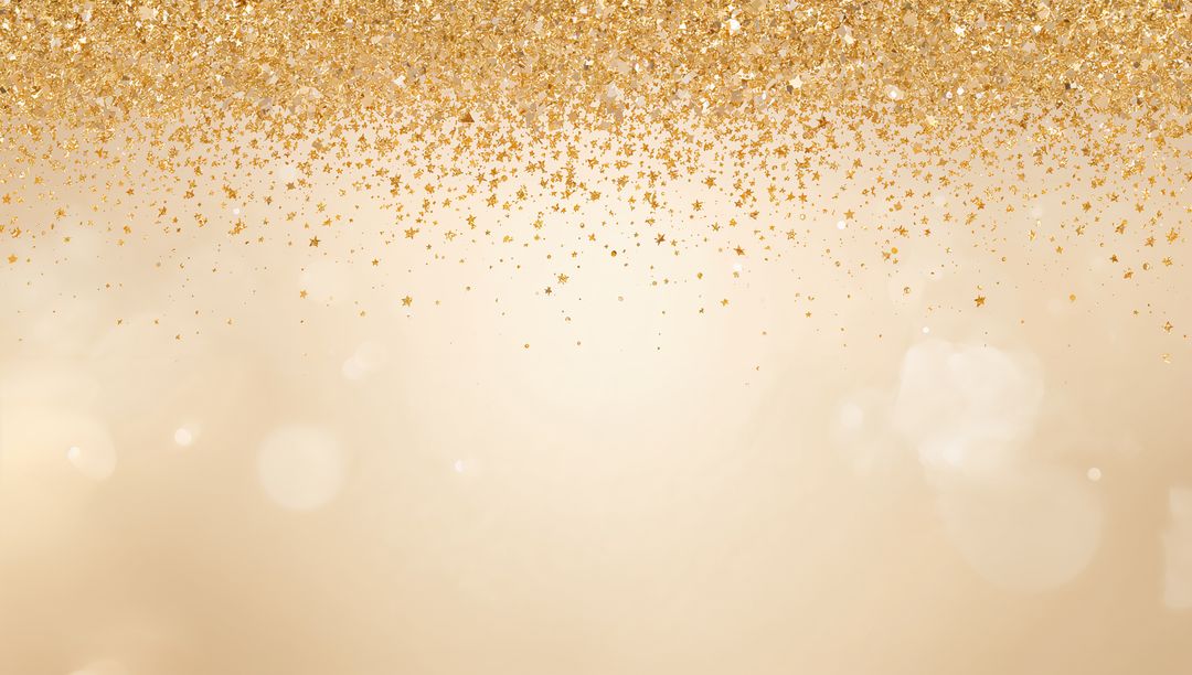 Golden star confetti falling with shimmering glitter band over soft beige bokeh backdrop