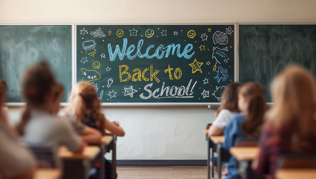 Welcome Back to School Chalkboard in Classroom with Students