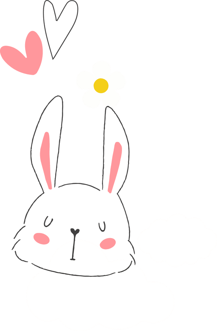 Whimsical Rabbit Head with Daisy and Hearts on Transparent Clouds