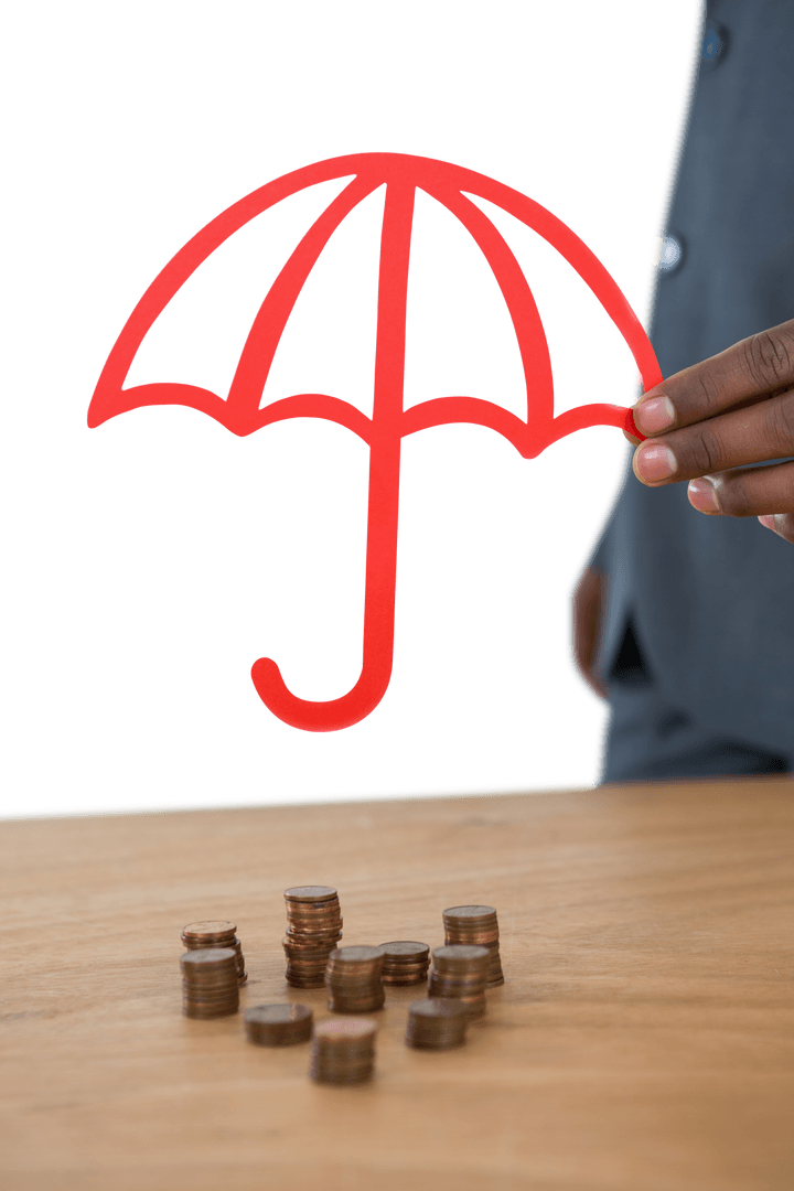 Transparent Red Umbrella Symbol Protecting Growing Coins
