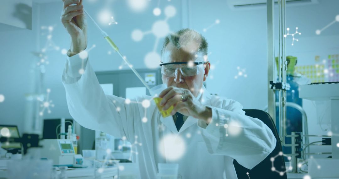 Scientist Analyzing Liquid in Laboratory with Molecular Overlay