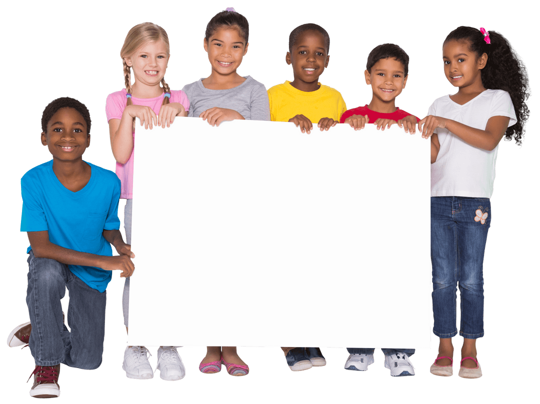 Smiling Diverse Children Holding Blank White Board Transparent Background