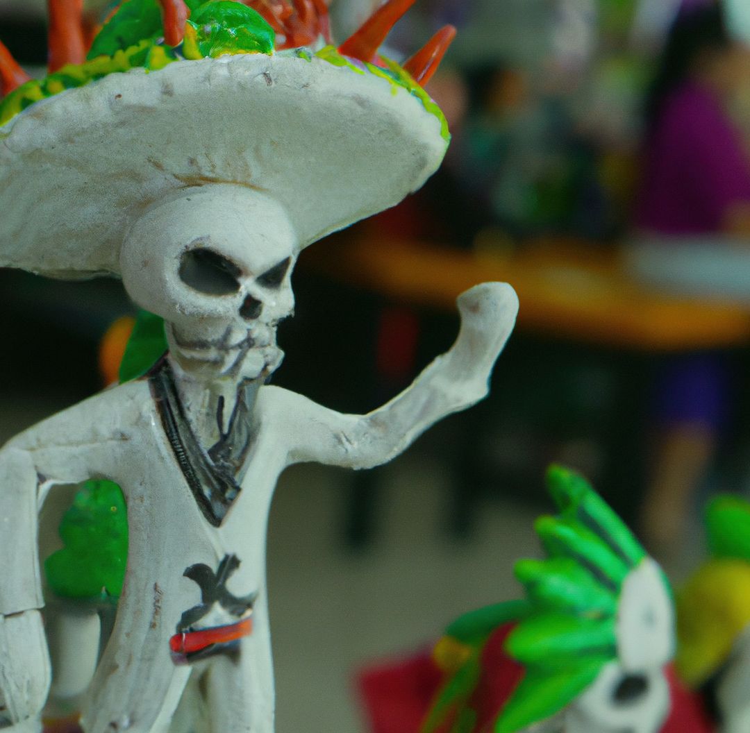 Image of close up of mexican decorated hand made vibrant coloured figurine with skull - Free Images, Stock Photos and Pictures on Pikwizard.com
