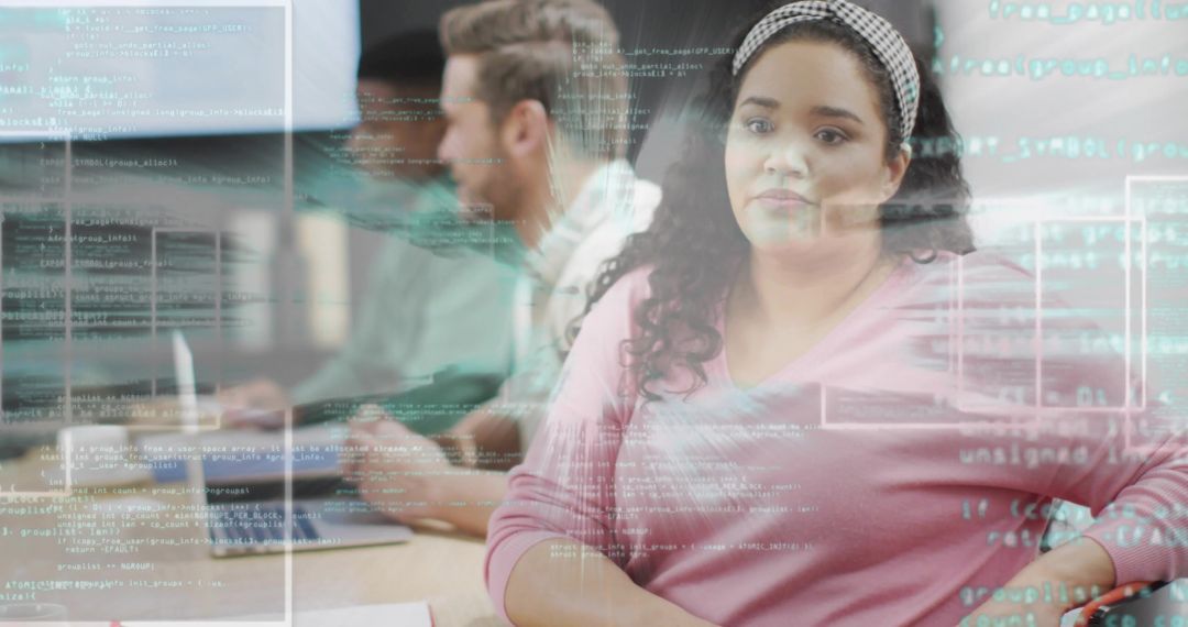 Female Developer Analyzing Projected Code in Modern Office Environment